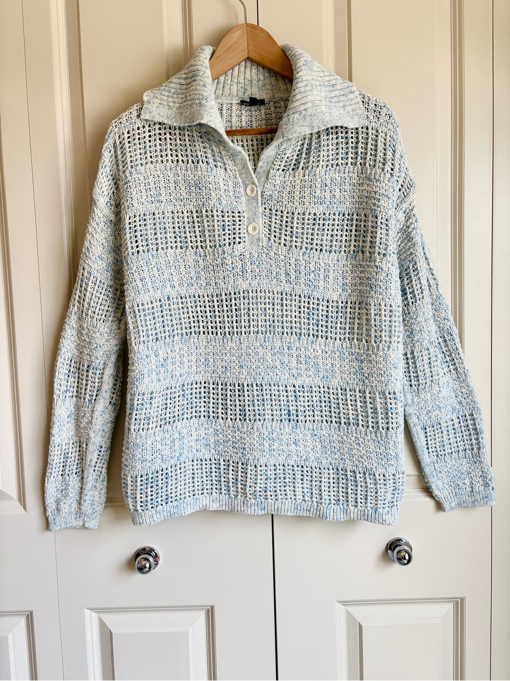 Talbots 100% Cotton Cornflower Blue and White Knit Collared Sweater XL Petite